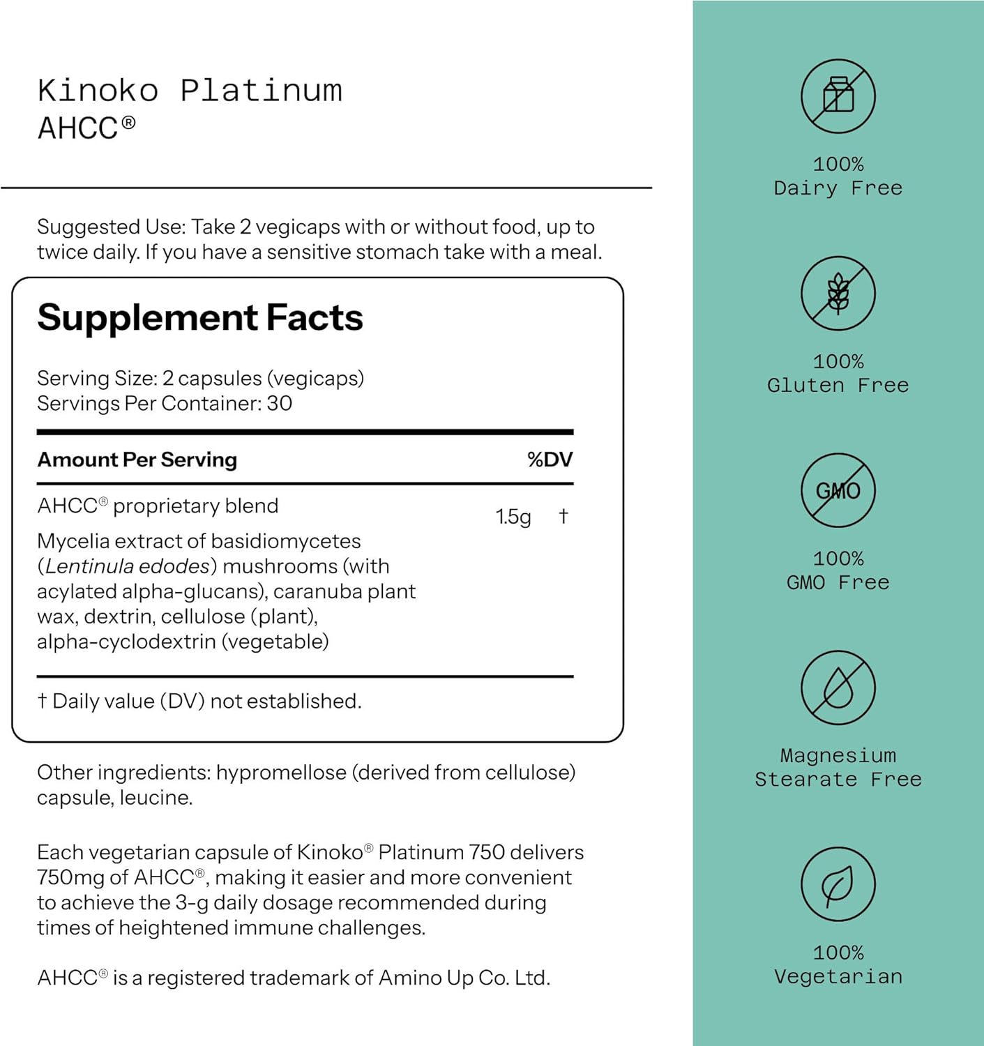 Quality of Life Labs, Kinoko Platinum AHCC, Immune Support, 750 mg, 60 capsules
