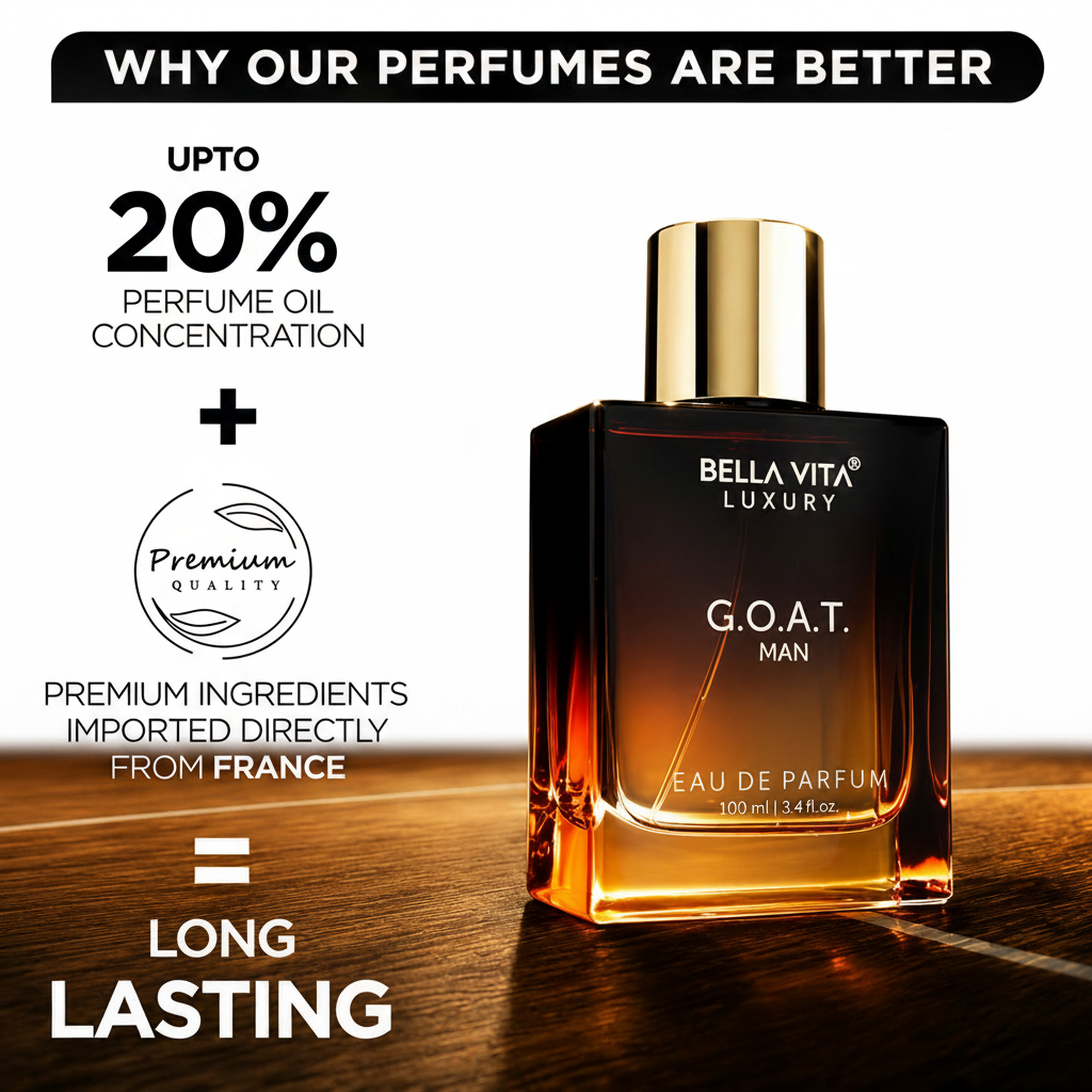 Bella Vita Luxury G.O.A.T. Man perfume bottle with promotional text on a dark background