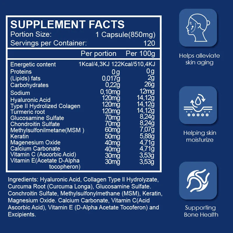 Hyaluronic Acid Anti Aging Hydrating Capsules Wrinkles Fine Lines Joint Health 60 CAPSULES